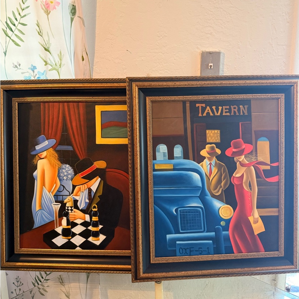 Vintage Style Framed Art Pair - Bold Blue, Red, Black